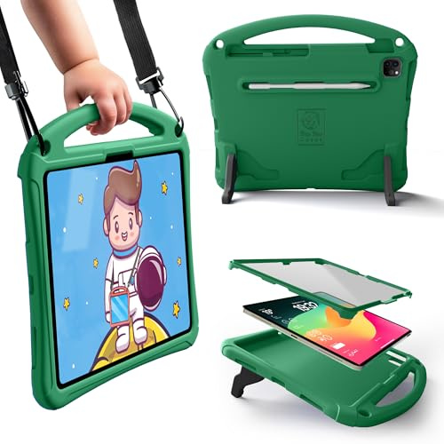 Bam Bino Space Suit, iPad Air 11Inch Case Kids(M2/M3/M4), iPad Pro 11inch(M4/M5), i-Pad A16 (11th Gen), iPad 10th Generation, Built-in Screen Protector, Handle, Kick Stand, Shoulder Strap (Mint Green)