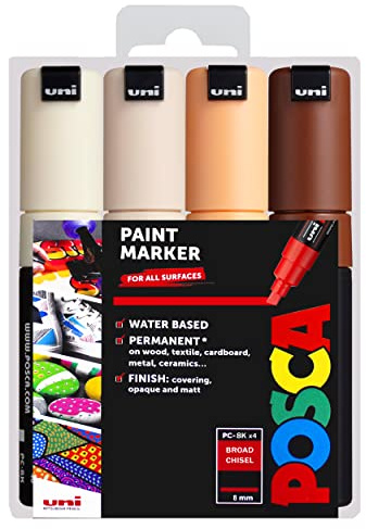 Posca PC-8K Water Based Permanent Marker Paint Art Pens - 8mm Chisel Tip Nib - Set of 4 in Plastic Wallet - Warm Neutral Tones