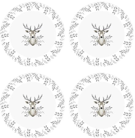 YöL Set Of 4 Side Plates Christmas White And Grey Stag Design Porcelain Festive Dinner