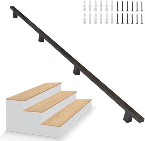 Hamankim Ringhiera per Scale da 1 Piede - 20 Piedi, Kit di Supporto Antiscivolo per ringhiera Moderna in Metallo, ringhiera per Scale Robusta Industriale montata a Parete - Kit Completo, Nero(210cm)