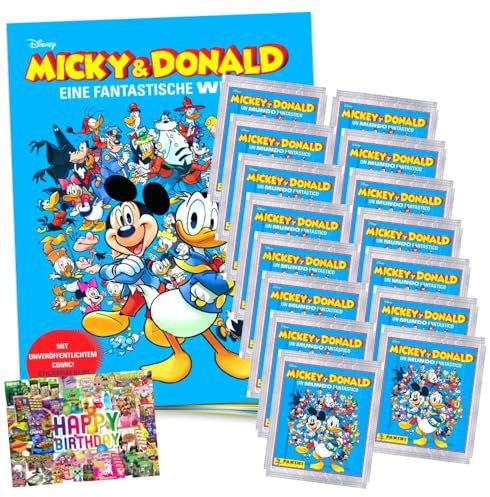 Bundle mit Panini Mickey & Donald Sticker - Fantastische Welt Sammelsticker (2025) - 1 Album + 15 Tüten + Exklusive Geburtstagskarte