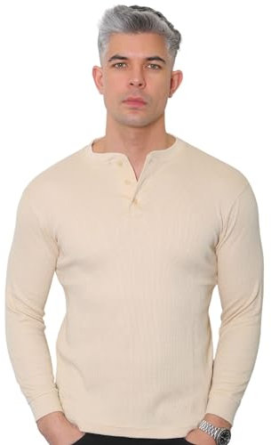 Long Sleeve Henley T Shirt Mens - Grandad Shirt Mens Tops Casual Waffle Knit Button Shirt 2208 (UK, Alpha, M, Regular, Regular, Beige)