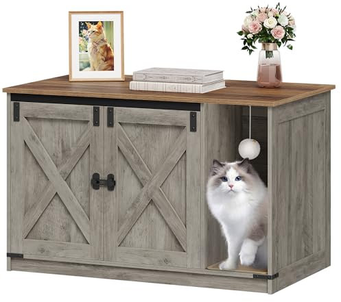 Hzuaneri Katzenschrank, Katzenklo Schrank, Versteckte Katzentoilette Kabinett Möbel mit Katzenglocke, Indoor-Katzenhaus, 100 x 55 x 63 cm, für Flur, Schlafzimmer, Vintagebraun Und Greige CB85205X