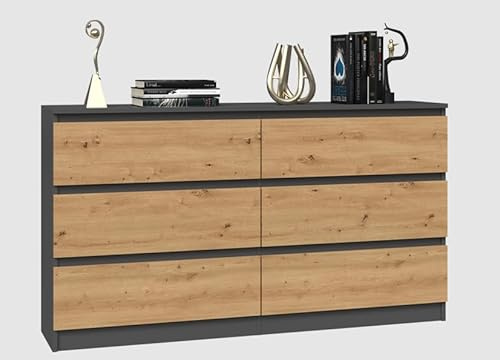 BDW - Kommode 140, Malwa M6 - Highboard 6 Schubladen - 140 cm - Für Wohnzimmer, Schlafzimmer oder Büro - Schlichtes und minimalistisches Design - Anthrazit/Eiche Artisan