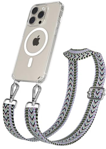 EAZY CASE Handykette - Verstellbares Taschenband kompatibel mit iPhone 15 Pro, Schulterriemen, Handykordel mit Silikon Hülle, Qi Charging kompatibel, Umhängetasche, Lila Grün Silber