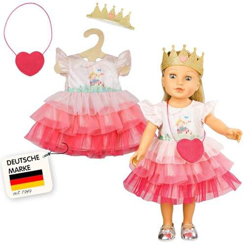 Heless 2580 - Puppenbekleidung, Kleid Prinzessin Emily, in Rosa, mit Herztasche und Krone, für Puppen und Kuscheltiere der Größe 35 - 45 cm
