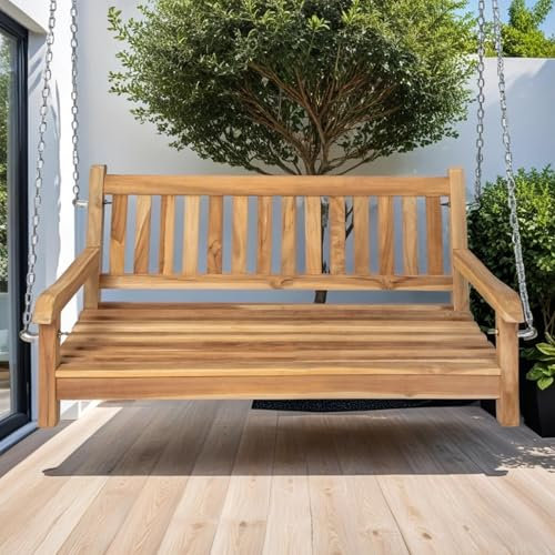 Loreno 2-Sitzer Hängesessel Outdoor aus hochwertigem Teakholz – 120 cm Schaukelbank, perfekt für Balkon & Garten - langlebig Gartenmöbel, Gartenbank, Gartenliege und Schaukelsitz