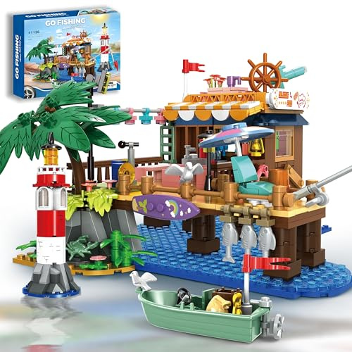 NAFONRU Strandhaus Bauspielzeug für Kinder – Fischereihafen-Bausatz mit Hütte, Leuchtturm, Boot, Palmen, Weihnachts- und Geburtstagsgeschenk für Jungen und Mädchen