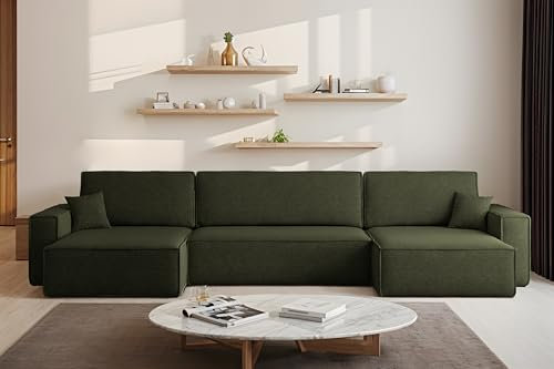 Kaiser Möbel - Ecksofa mit Schlaffunktion und Bettkasten, Wohnlandschaft U Form, Schlafsofa, Bigsofa, Bequemes Couch mit Ottomanen für Wohnzimmer, Relaxsofa, Lounge-Set U-Form, Best U XL, Dunkelgrün