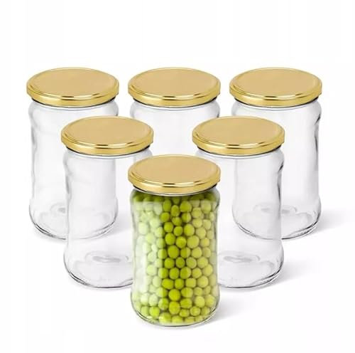 Glass Jars 315ml – Set of 6 Vintage Storage Jars with Golden Lids | Ideal for Preserves, Jam, Pickles, Dry Goods | Airtight & Reusable | Classic Kitchen Style