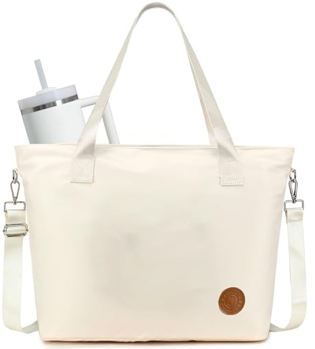 JANSBEN Groß Shopper Handtasche Damen mit Personalisierte Initialen Umhängetasche mit 15,6 Zoll Laptopfach & Stanley Cup Taschen Schultertasche mit Reißverschluss Tote Bag für Arbeit, Reisen, Weiß