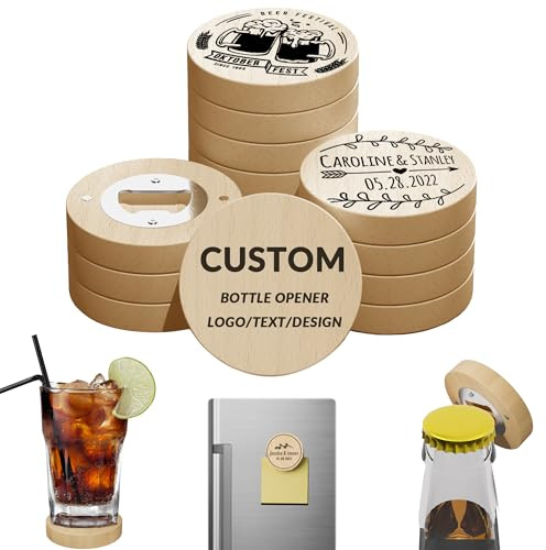 10pcs Custom Bottle Openers with Magnet,Personalised Wood Openers with Your Engraved Logo/Text/Design,Magnetic Beer Openers Personalised Gift for Wedding Party Favour,Branding,Business (Round)