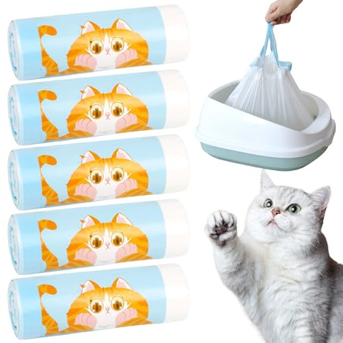 Behogan 100 Stück Katzenklo Müllbeutel, 58 * 35 cm Katzenklo Beutel mit Zugbändern, Selbstreinigende Katzentoilette Mülltüten, Strapazierfähige Katzentoilettenbeutel mit Reißfest Flüssigkeitsdicht