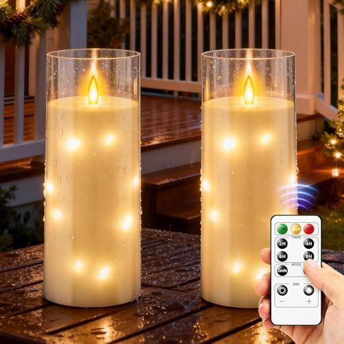 2 Pack 28 x 10cm Waterproof Flameless LED Candles with Star String | Acrylic Pillar, waterproof, Star String, Battery Operated, Remote & Timer, Outdoor Decor, Festival Decor, Cozy Atmosphere