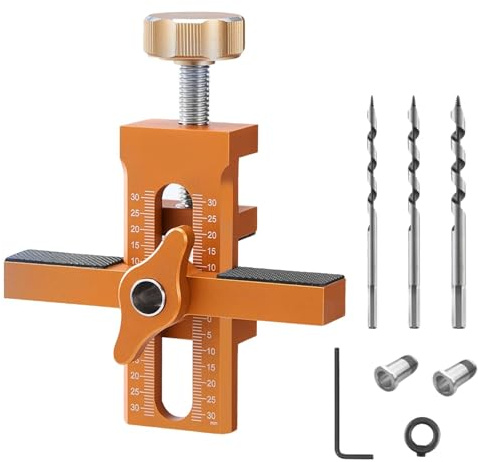 Schranktür Installationspositionierer Set mit 3 Türbohrern, Orange | Robust & Einfach zu Bedienen, Verstellbares Bohrschablone & Montagehilfe für Scharniere und Schranktüren