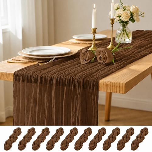 10er-Pack Tischläufer braun, 45 x 275 cm Käsetuch Tischläufer, Boho-Gaze-Tischläufer, rustikale Käsetuch-Tischläufer aus transparentem Stoff für Hochzeitsfeier, Brautparty, Tischdekoration