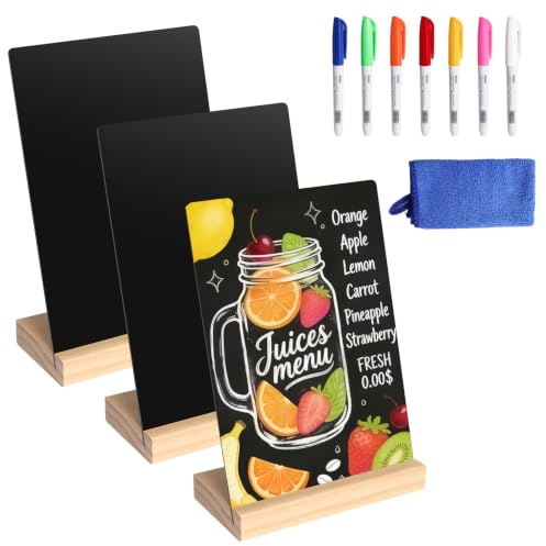 3 Stück Kreidetafel Klein,20x15cm Mini Tafel Set mit Holzbasen,Preisschilder Aufsteller mit 7 Stifte und Tuch,Buffet Schilder Getränkekarte für Bar Café Geburtstag Hochzeit