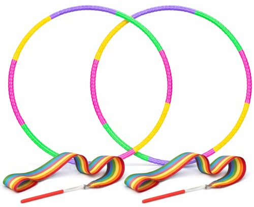 Fzyisw Lot de 4 cerceaux hula hoop 8 segments + bande de danse avec baguette pour fitness, gymnastique, danse, intérieur et extérieur