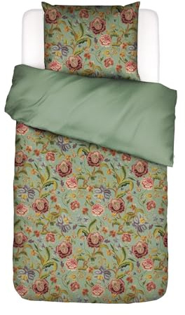 ESSENZA Bettwäsche Rosanella Basil Green, 135x200 cm + 1x 80x80 cm - 50% Lyocell, 50% Baumwoll Twill gebürstet 220TC - Blumen Pfingstrosen Tulpen