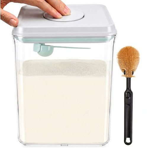 NARYVORA Milchpulverspender 2300 ml Transparent mit Löffel & Bürste | Luftdichte Milchpulver Aufbewahrungsbox mit Einhand-Druckknopf, Löffelhalter und Silikonbürste, BPA-frei, 2,3L