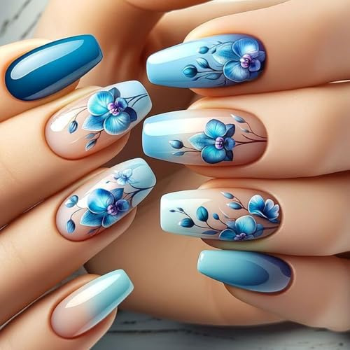 Lot de 24 faux ongles courts en acrylique avec dégradé bleu