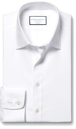 Charles Tyrwhitt Herren Hemd bügelfrei, Weiß, Slim fit, Haifischkragen | Bügelfreies Herrenhemd aus 100% Baumwolle mit glattem Twill, Haifischkragen und Slim fit. Für vielseitige Business-Looks.