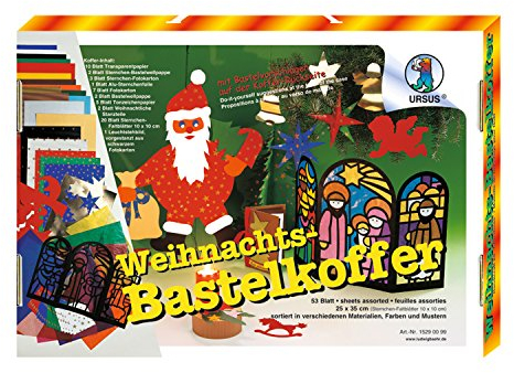 Ursus 15290099 - Bastelkoffer Weihnachten, ca. 25 x 35 cm, 53 Blatt in verschiedenen Materialien, Farben und Mustern, 53 Teile, inklusive gestanztem Leuchtstehbild