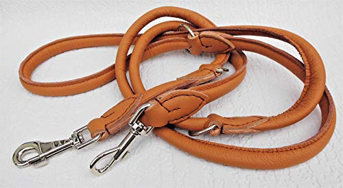 Luxus HUNDELEINE, RundeLeine, 220cm/12mm, Echt Leder+Cognac, 3xVerstellbar handgenäht