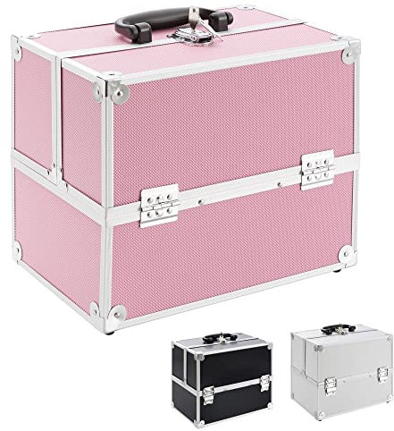 Beauty Case Arebos | Valigia per cosmetici | 15L | 5 scomparti | Rosa | Alluminio | incl. serratura e chiave | 2 ripiani estraibili | Intarsio in velluto | 32 x 27 x 22 cm