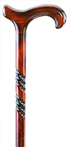 Gehstock Herren Spiral-Derby, eleganter Stock aus Buchenholz mit Derbygriff, geflammt und gebeizt, spiralförmige Verzierungen, inklusive elegantem Gummipuffer.