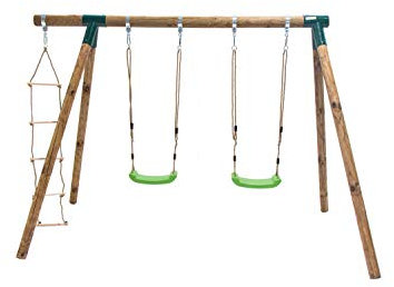 | MASGAMES | Columpio de Madera KADI Deluxe | Asientos Planos de plástico de Cuerdas Regulables + una Escalera de Cuerdas en el Extremo | Madera tratada | Anclajes incluidos | Uso doméstico |