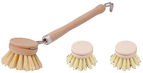 Spülbürsten Set aus Holz, 1x kleine Gläser-Bürste 23 cm + 2X Ersatzkopf zum Wechseln, Borste aus hitzebeständiger Fibre, Geschirr-Spülbürste zum Abwaschen (3 Teile im Set)