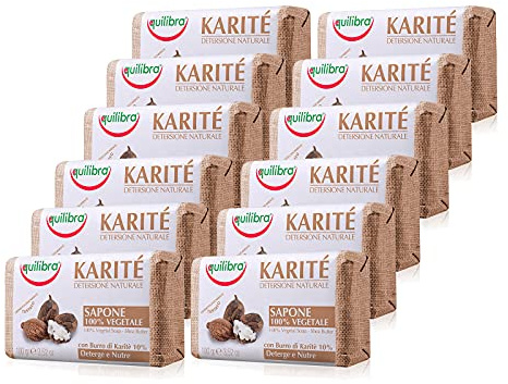 equilibra Karité Sapone 100% vegetale, 100 g, Pacco da 12