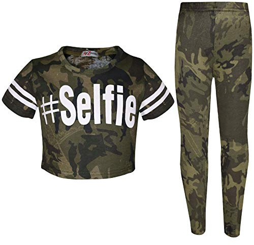A2Z 4 Kids Girls Camouflage Crop Top Legging Set Trendy Lightweight - Camo Selfie Crop & Legg Green 7-8