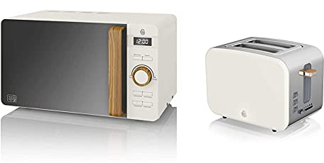 Swan Nordic Microondas digital 20L, 6 niveles funcionamiento, 800W potencia + Nordic Tostadora Pan ranura ancha 2 rebanadas, 3 funciones, 6 niveles de tostado