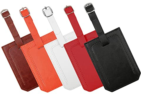 Kofferanhänger, QeeFop 5 Stück Kofferanhänger mit Adressschild Gepäckanhänger aus Kunstleder Adressanhänger Koffer Luggage Tags für Koffer Reisetasche Tasche (Schwarz, Rot, Orange, Braun,Weiß)