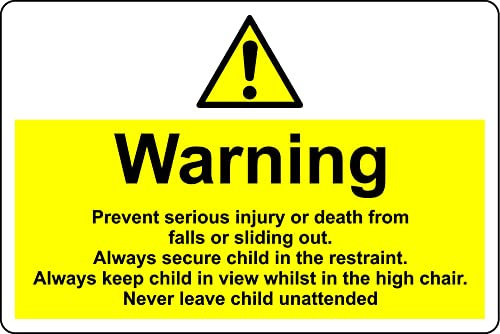 Warning high chair safety sign - Self adhesive sticker (150mm x 100mm)