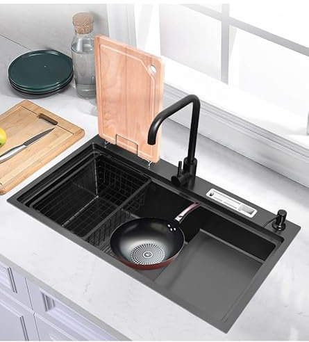 Fregadero Cocina INOX 75cm * 45cm,Incluido Rebosadero Y Juego De Desagüe | para Instalación Bajo Encimera, sobre Encimera Y Enrasado Fregadero Cocina Un Seno,Negro.(Size:80 * 50,Color:A)