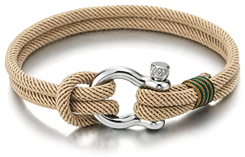 COOLSTEELANDBEYOND Acier Vis Manilles d'ancrage Bracelet - Homme Femme - Beige Brun Cordon Tressé - Nautique Marin Envelopper Bracelet
