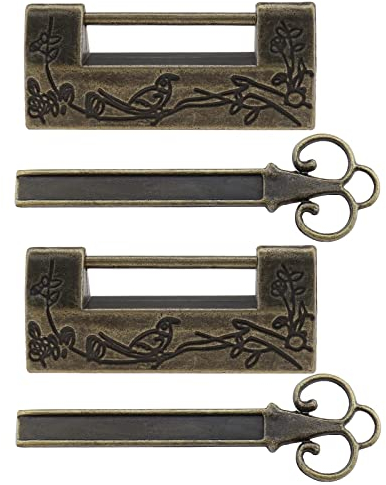 ECSiNG 2 Stück Antike Chinesische Vorhängeschlösser mit Schlüsseln Blume Vogel Geschnitzter Riegel Dekoratives Schloss für Schmuckkästchen Schubladen Geschenkboxen