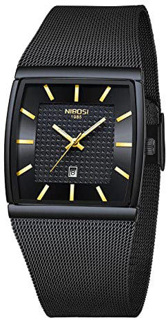 NIBOSI Men Watches Luxury Military Waterproof Sport Quartz Analog Square Wrist Watch for Men with Stainless Steel Mesh Band Date Calendar(Black)