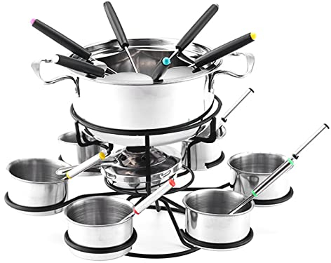 JINGLING Fondue Queso Giratorio, Juego 21 cacerolas Fondue Queso Giratorio, Juego ollas Hierro Fundido para Carne, Chocolate y Queso, Fondue Queso para 6 Personas