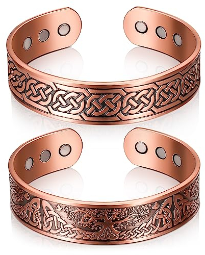 Otuuz 2 Pièces Bracelets Magnétiques en Cuivre 99,99% Bracelet en Cuivre 3500 Gauss avec 9 Aimants Bracelet Aimanté en Cuivre Réglable Bracelet en Cuivre Massif avec Motif Arbre et Celtique, 2 Styles