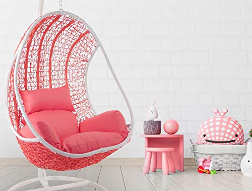 Kideo Komplettset: Pinker Hängesessel mit Gestell & Kissen, Poly-Rattan, Schaukel, Lounge weiß, Coral,
