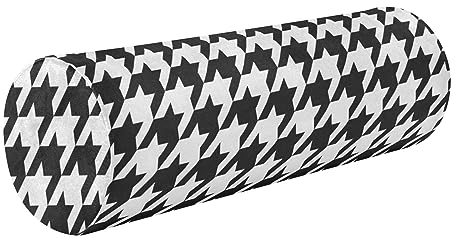 Schwarzes Hahnentritt Plaid Runde Nackenrolle Kissen Memory Foam Nackenrolle Kissen zum Schlafen Runde Kissen Einsätze Zylinder Kissen Dekorative