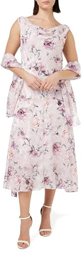 Gina Bacconi Robe et châle imprimés midi à col bénitier Cocktail, Rose poudré, 44 Femme
