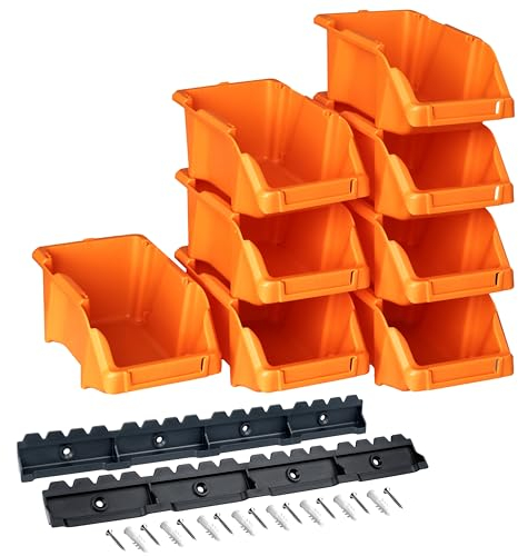 YPC Stapelboxen Set - Orange 8 Stück - Sichtlagerboxen 16x9x7cm mit Wandhalterung für Werkstatt & Garage zur Aufbewahrung von Schrauben & Werkzeug