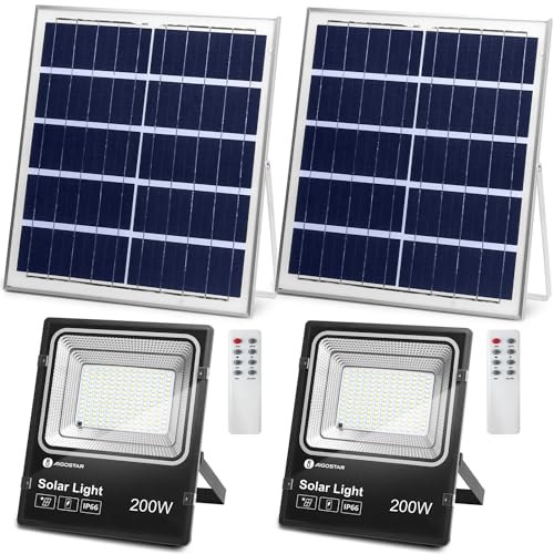 Aigostar-Foco proyector LED solar con mando a distancia,200W,6500K luz blanca.Resistente al agua IP66.Perfectos para interior y exterior jardín,patios,caminos o garajes,Longitud de cable 2M,2 Piezas