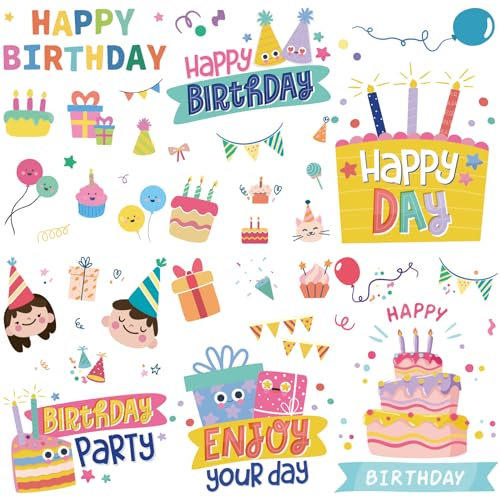 craspire 16 Blatt Geburtstagsthema-Wandaufkleber „Alles Gute Zum Geburtstag“-Aufkleber, Kuchen-Fensteraufkleber, PVC, Wasserdicht, Selbstklebende Wandaufkleber, Abnehmbar, Für Fensterdekoration