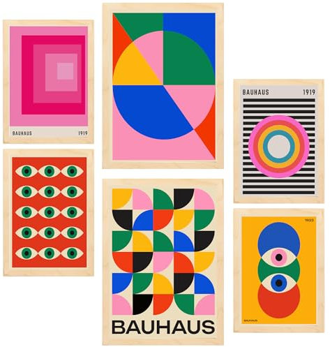 Nacnic-Set mit 6 Dekorative Malerei Bauhaus – geometrische Formen in leuchtenden Farben Gerahmtes Poster mit Design-Illustrationen zur Dekoration der Wände A3 & A4 Leichter Holzrahmen
